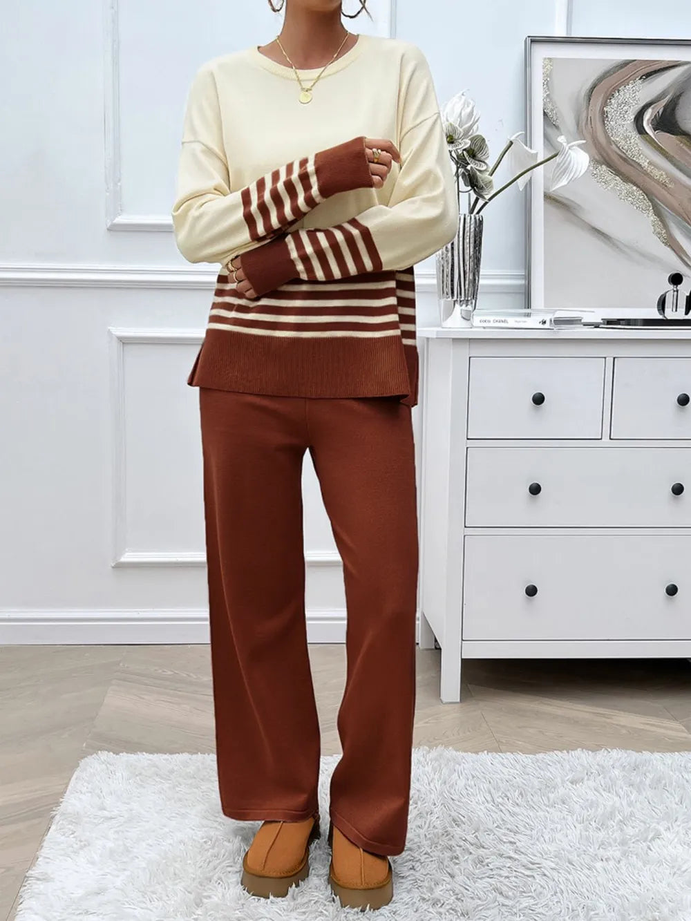 Elegant Devine Slit Striped Round Neck Top and Pants Sweater Set - adritiX