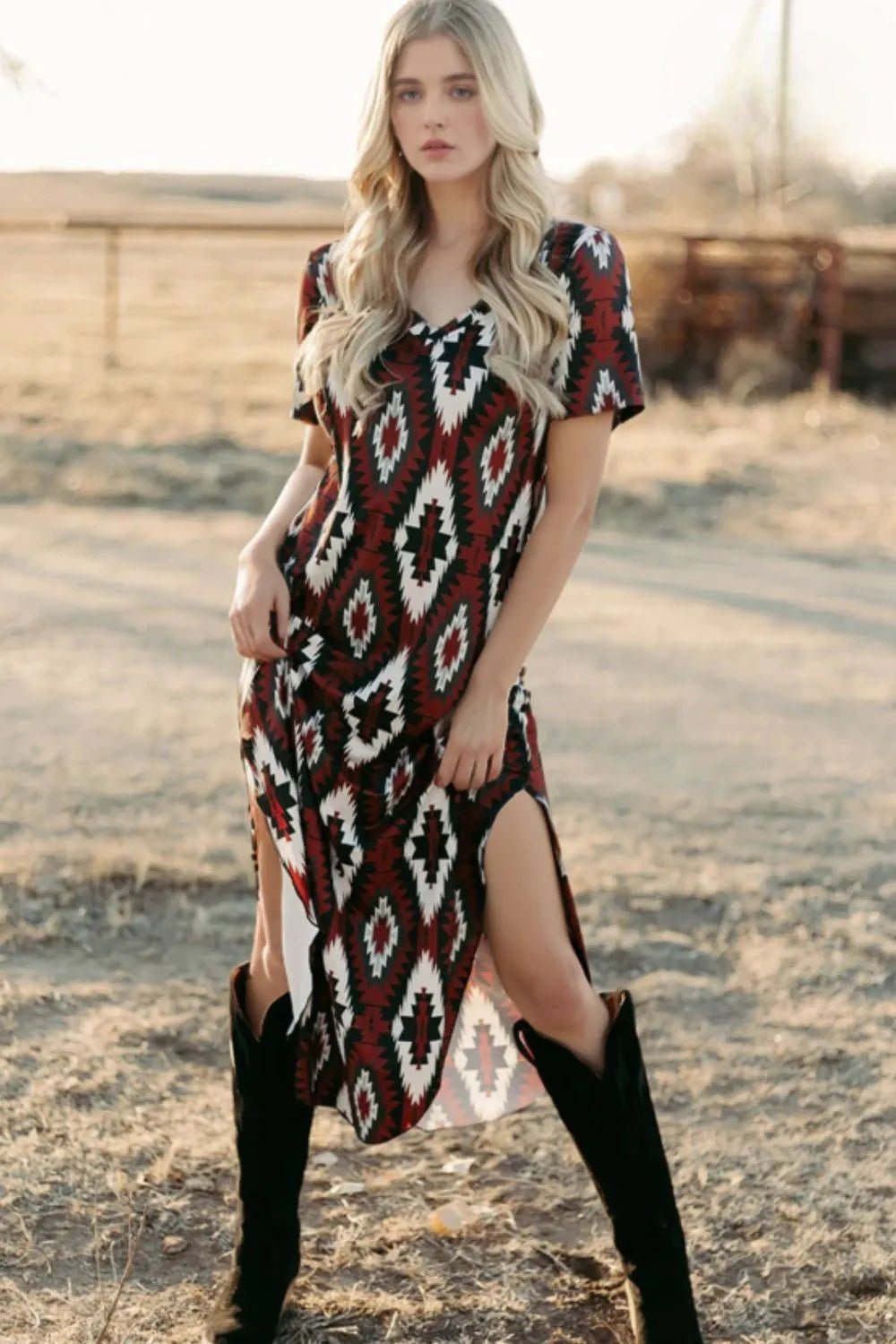 Aztec Print V-Neck Midi Dress - adritiX