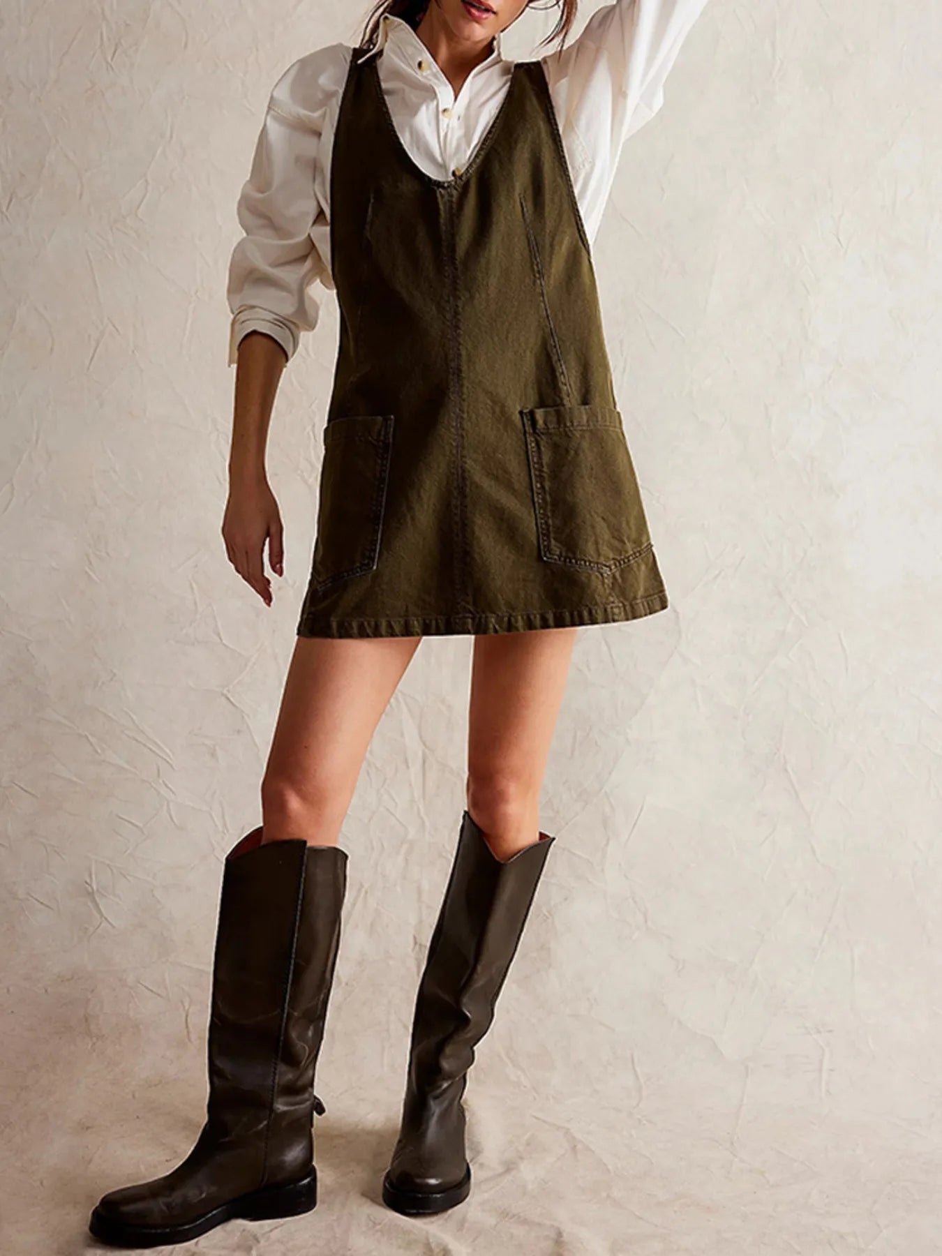 Oversized V-Neck Denim Tank Dress with Front Pockets - adritiX