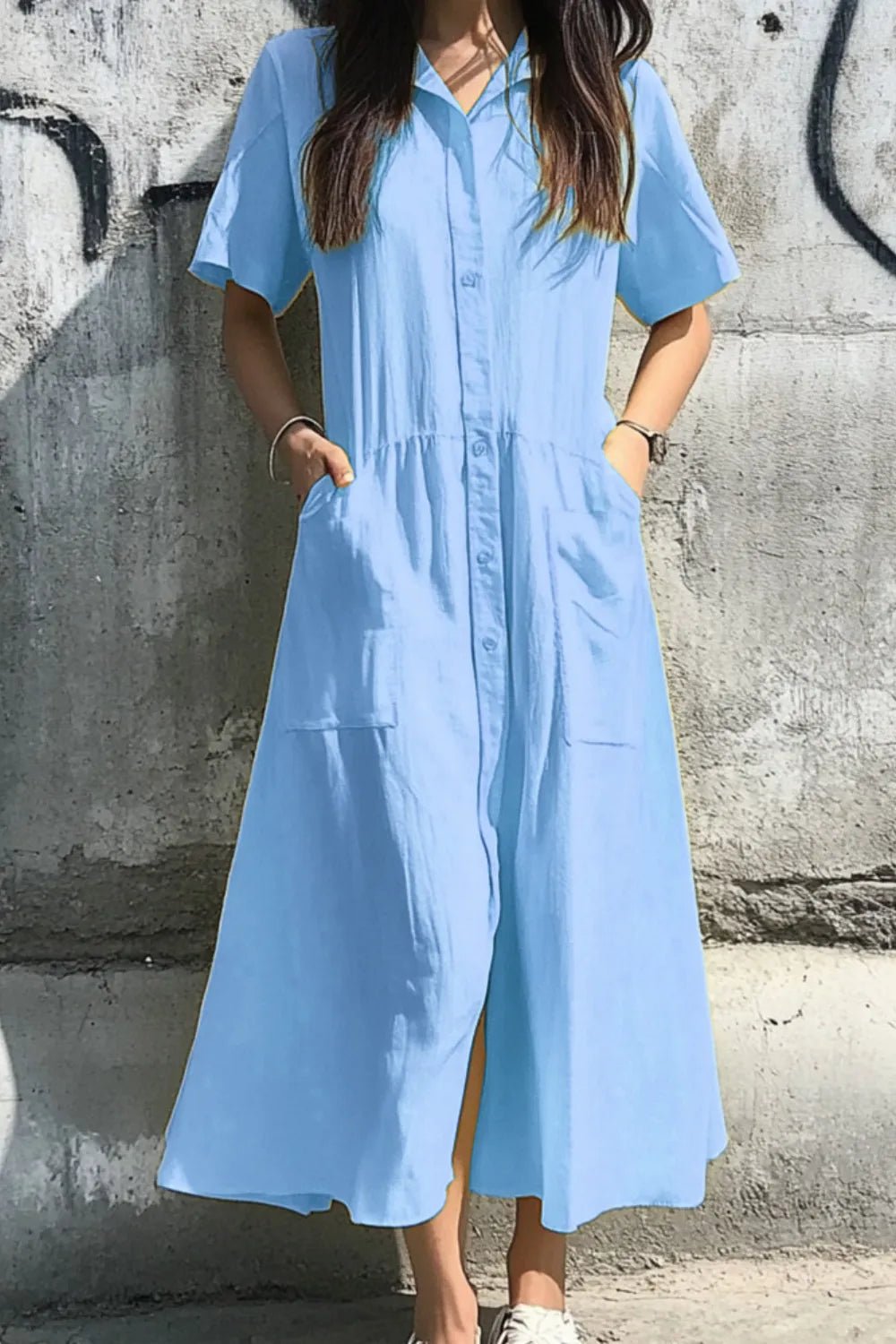 Button Front Short Sleeve Midi Dress - adritiX