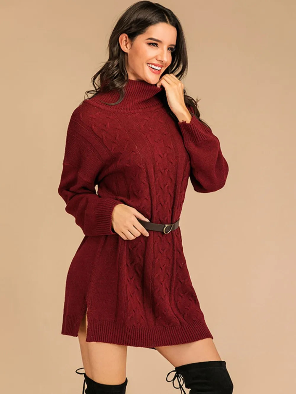 Perfee Slit Turtleneck Long Sleeve Mini Sweater Dress - adritiX