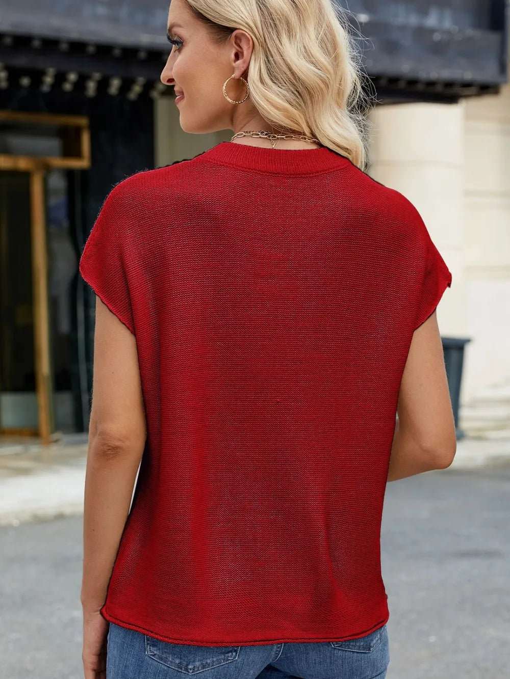 Exposed Seam Round Neck Short Sleeve Sweater - adritiX