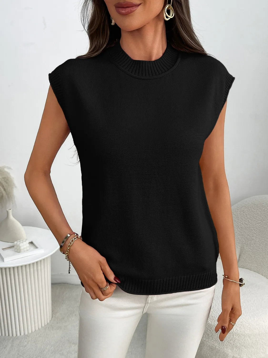Mock Neck Cap Sleeve Knit Top - adritiX