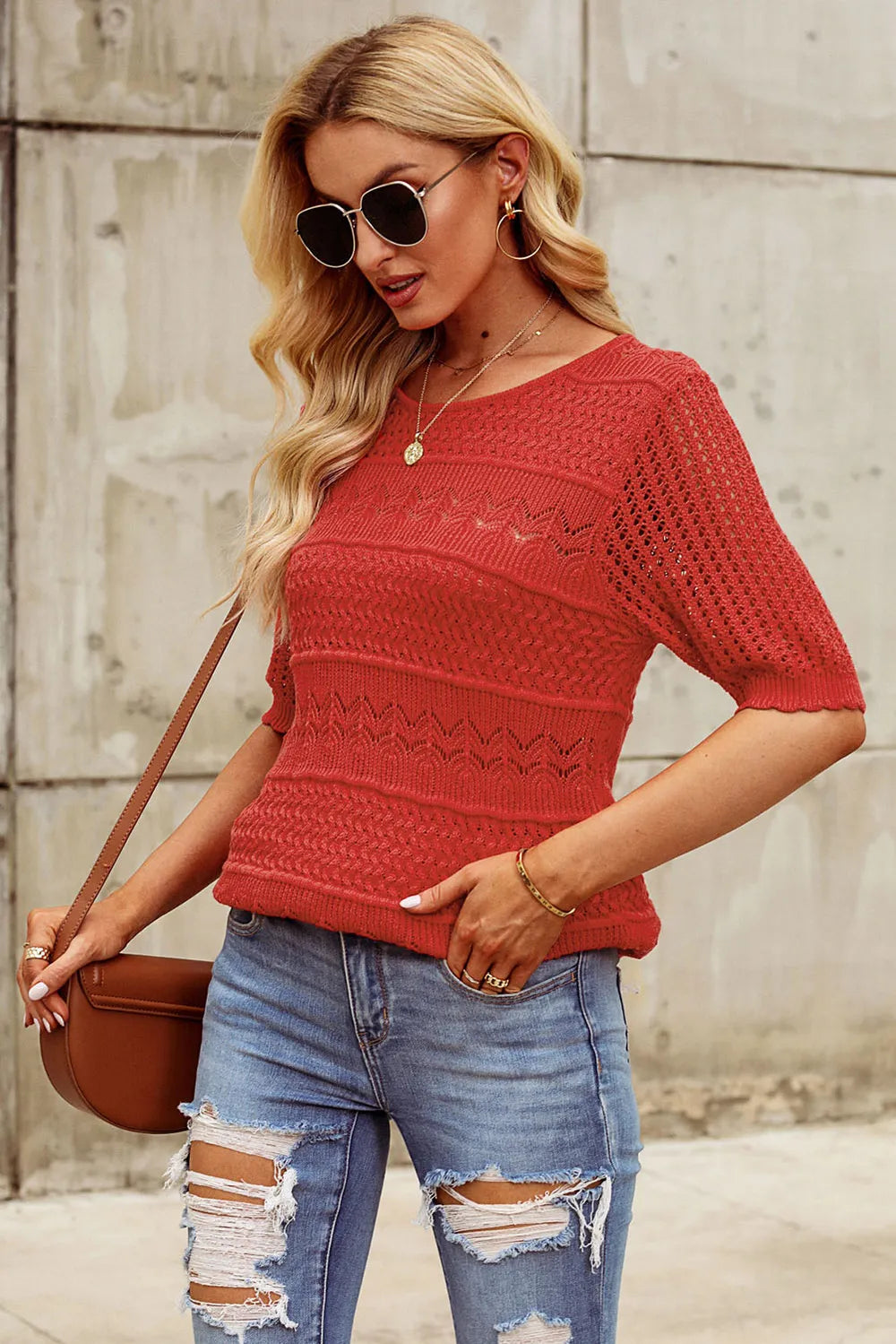 Elegant Openwork Round Neck Half Sleeve Knit Top - adritiX