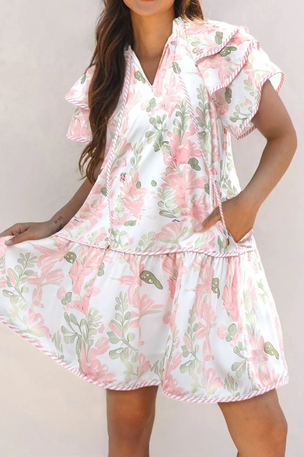 Floral Contrast Edge Layered Short Sleeve Mini Dress - adritiX