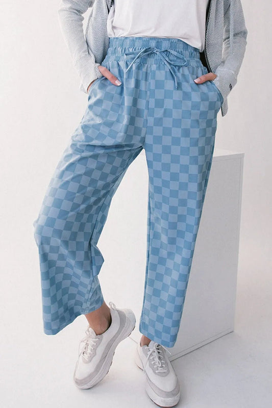 Checkered Elastic High Waist Loose Casual Pants - adritiX