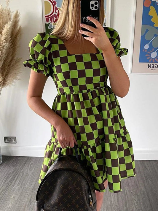 Checkered Short Sleeve Tiered Mini Dress - adritiX