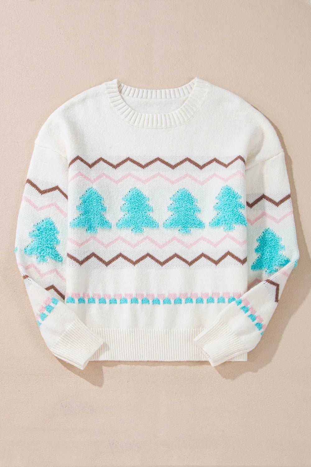 Christmas Tree Ribbed Hem Dropped Shoulder Sweater - adritiX