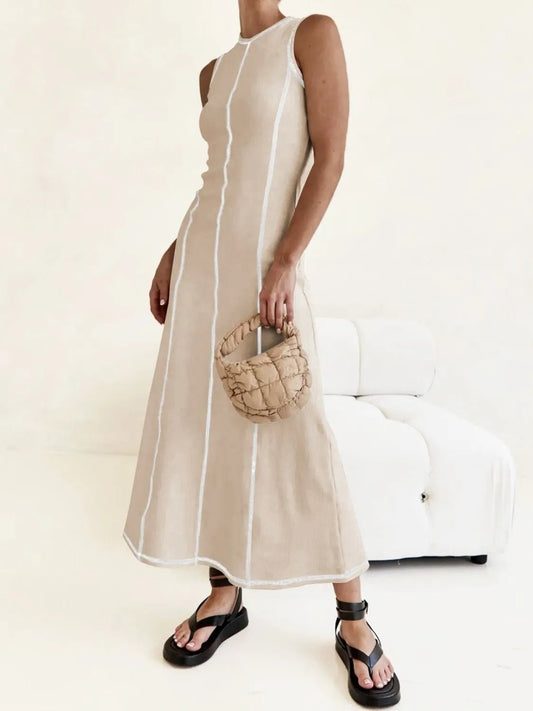 Contrast Stitching Round Neck Sleeveless Midi Dress - adritiX