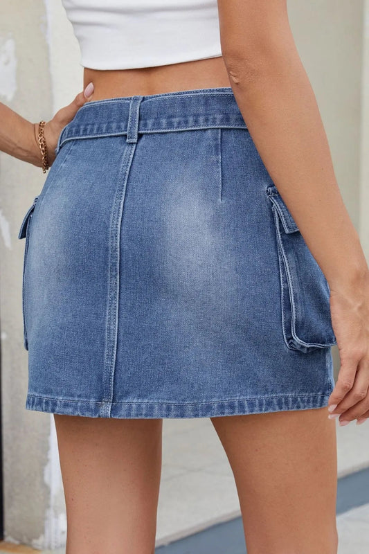 Criss - Cross Waist Detail Denim Mini Skirt - adritiX