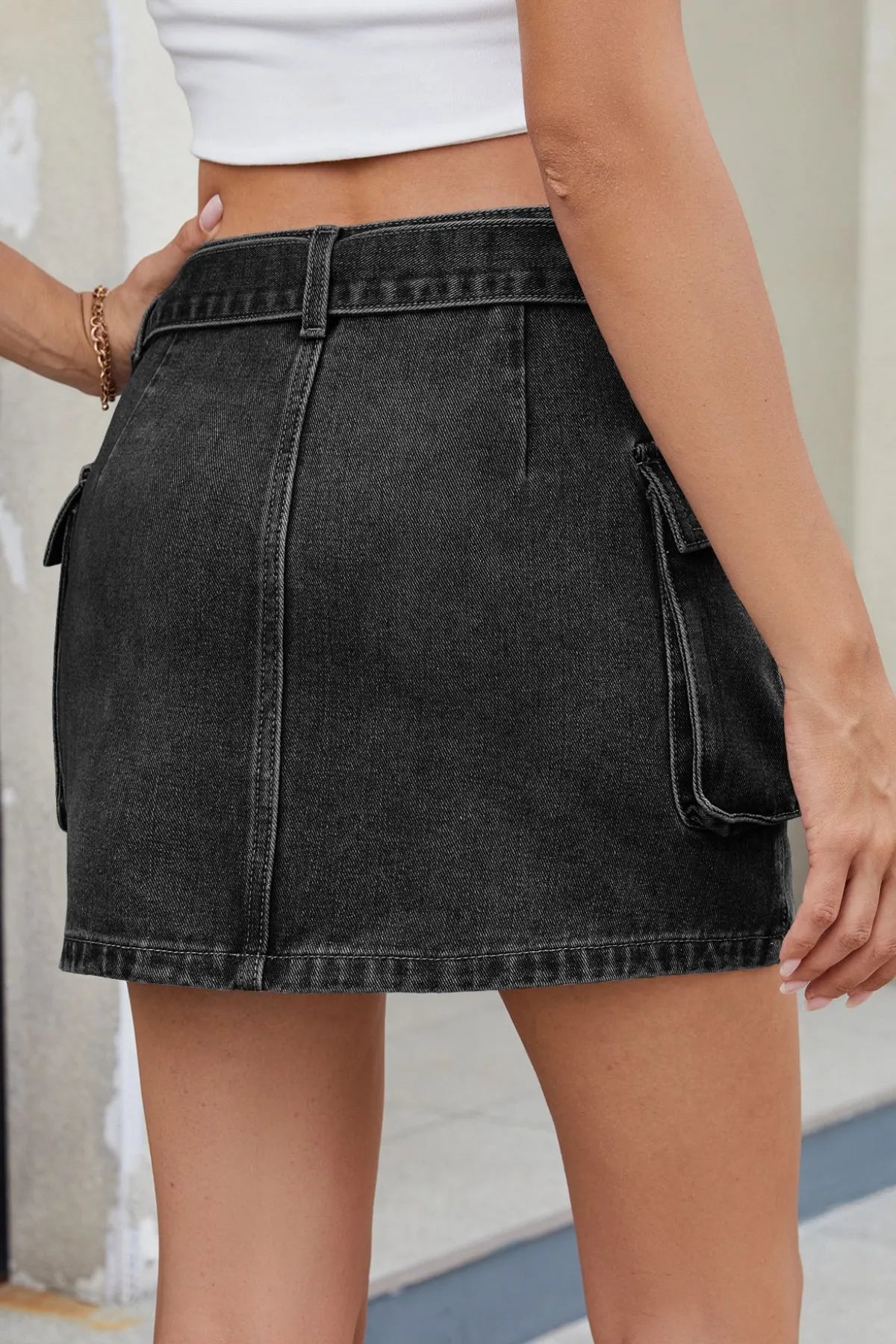 Criss - Cross Waist Detail Denim Mini Skirt - adritiX