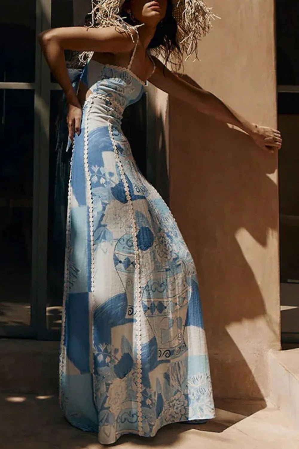 Cutout Back Printed Square Neck Maxi Dress - adritiX