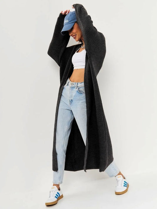 Open Front Long Sleeve Longline Cardigan - adritiX