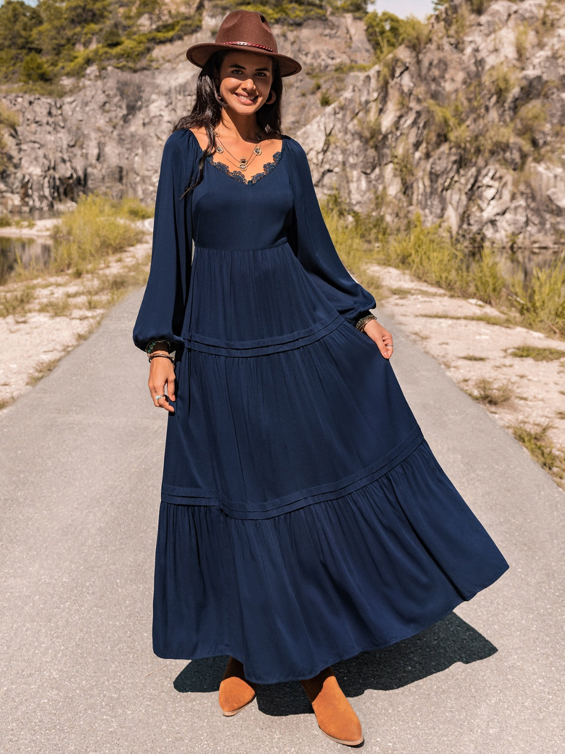 Elegant Long Sleeve Lace Trim Maxi Dress - adritiX