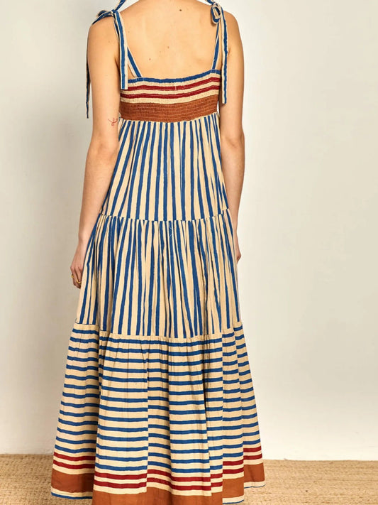 Striped Tie-Shoulder Tiered Maxi Dress - adritiX
