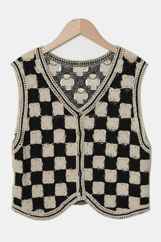 Crochet Checkered V-Neck Button Up Vest - adritiX