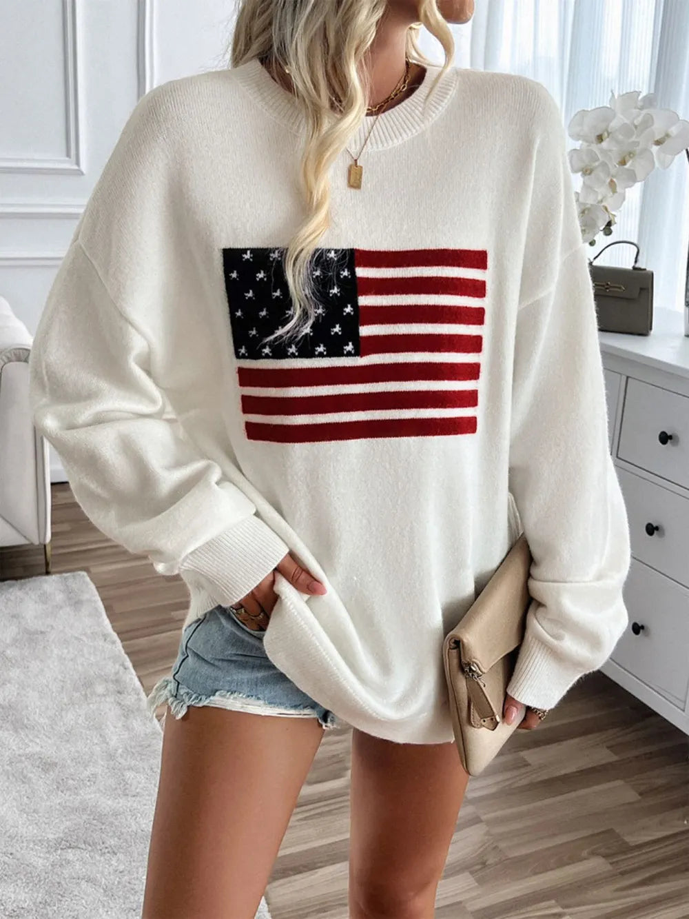 Devine US Flag Round Neck Long Sleeve Knit Top - adritiX