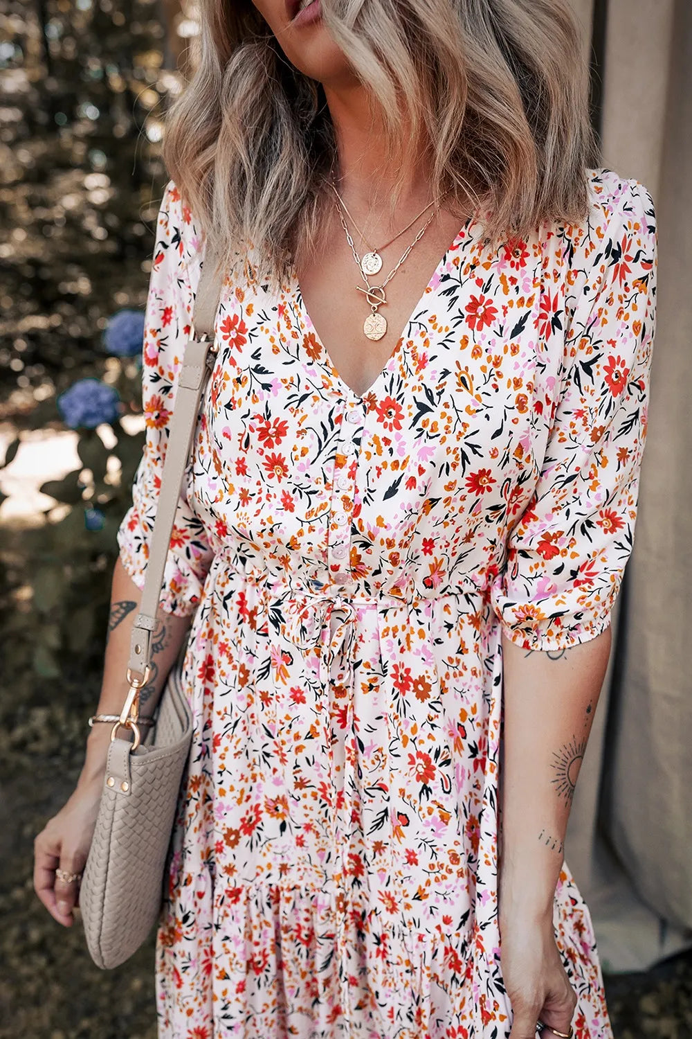 Elegant Boho Half Sleeve Floral V Neck Maxi Dress - adritiX