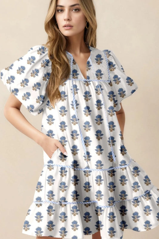 Elegant Floral Puff Sleeve Mini Dress with Pockets - adritiX