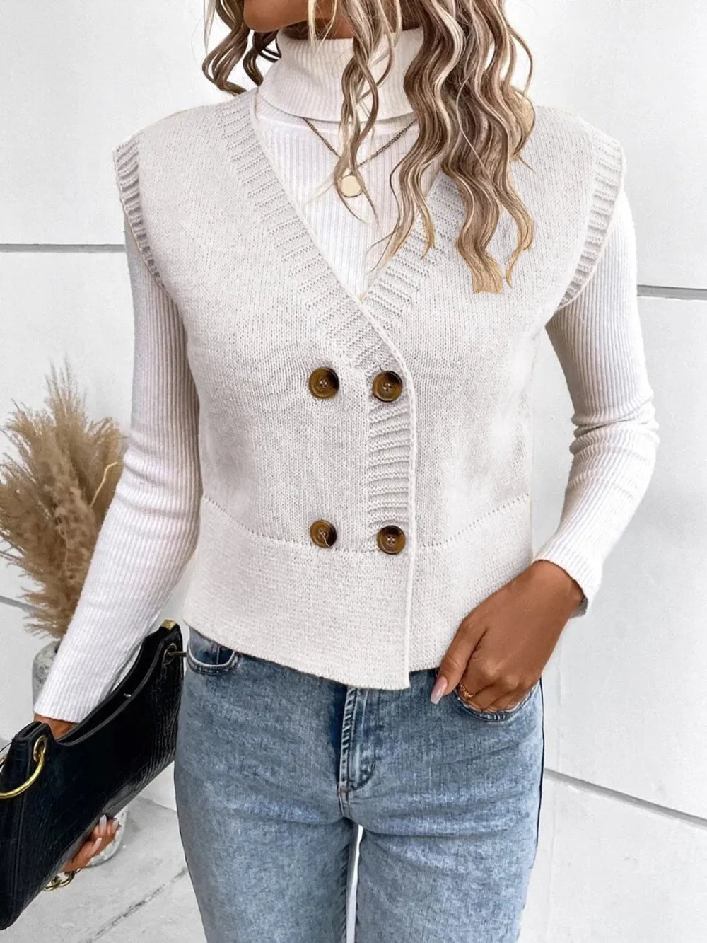 Full Size Button Up V-Neck Sweater Vest - adritiX