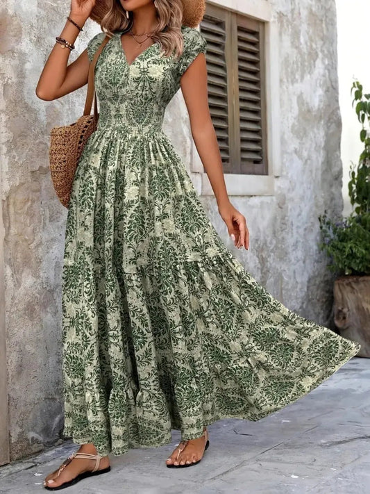 Vintage Floral Cap Sleeve Maxi Dress - adritiX