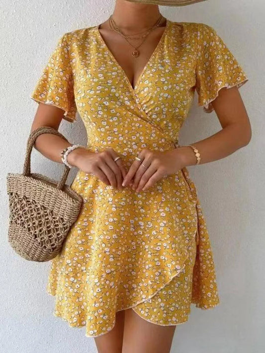 Floral Flutter Sleeve Wrap Mini Dress - adritiX