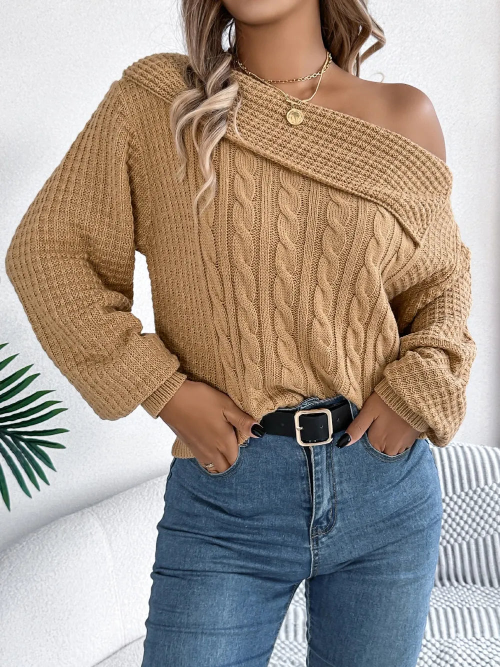 Cable-Knit One Shoulder Long Sleeve Sweater - adritiX