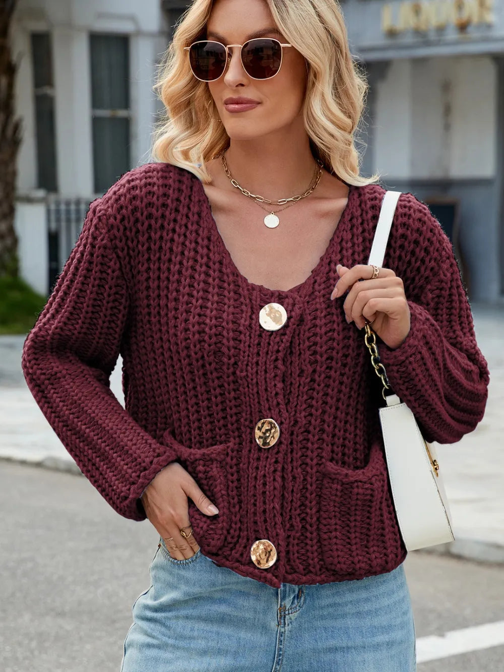 Round Neck Button Up Cardigan with Pockets - adritiX