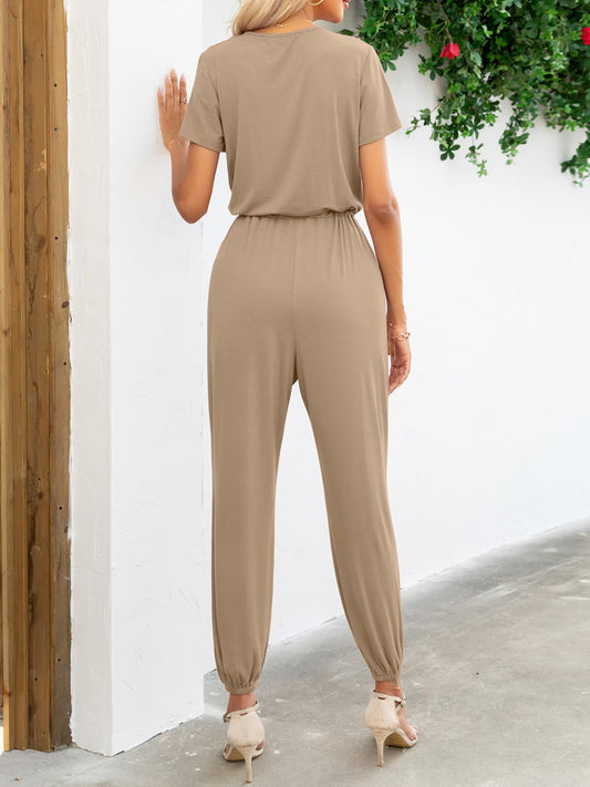 Elegant Short Sleeve V-Neck Jumpsuit with Pockets - adritiX