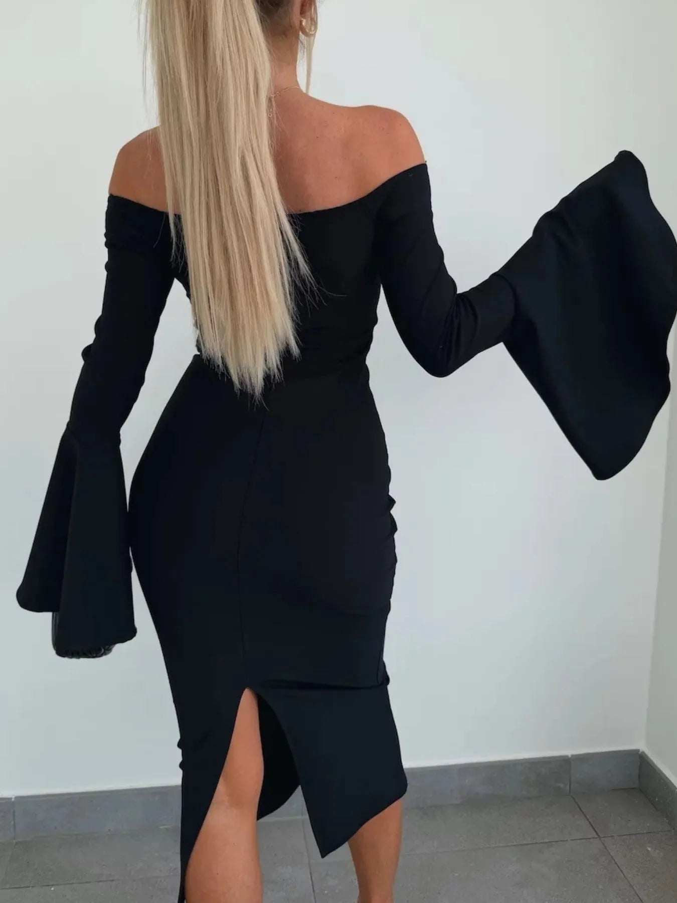 Off Shoulder Bell Sleeve Bodycon Midi Dress - adritiX