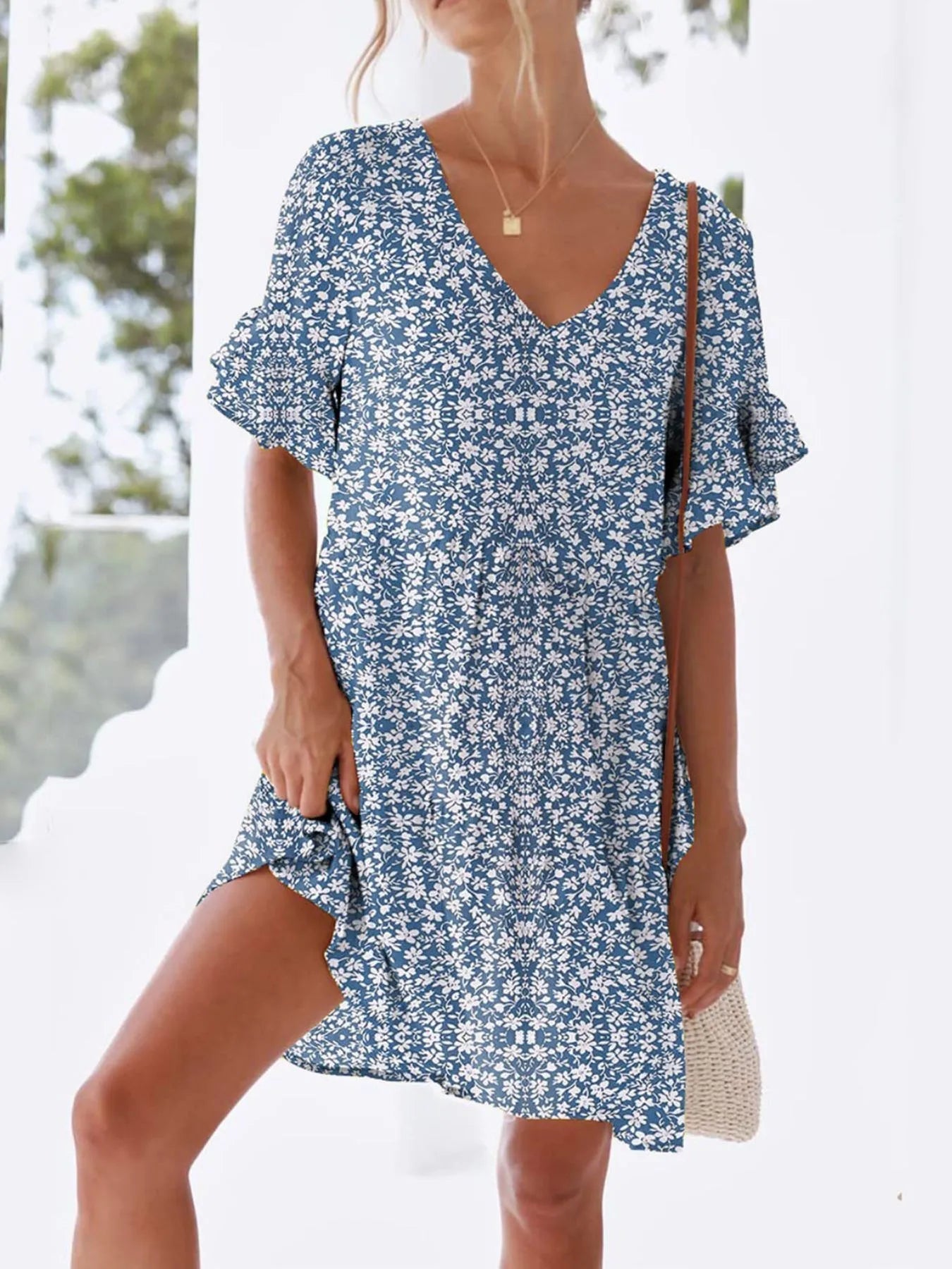 Polka Dot V-Neck Short Sleeve Mini Dress - adritiX