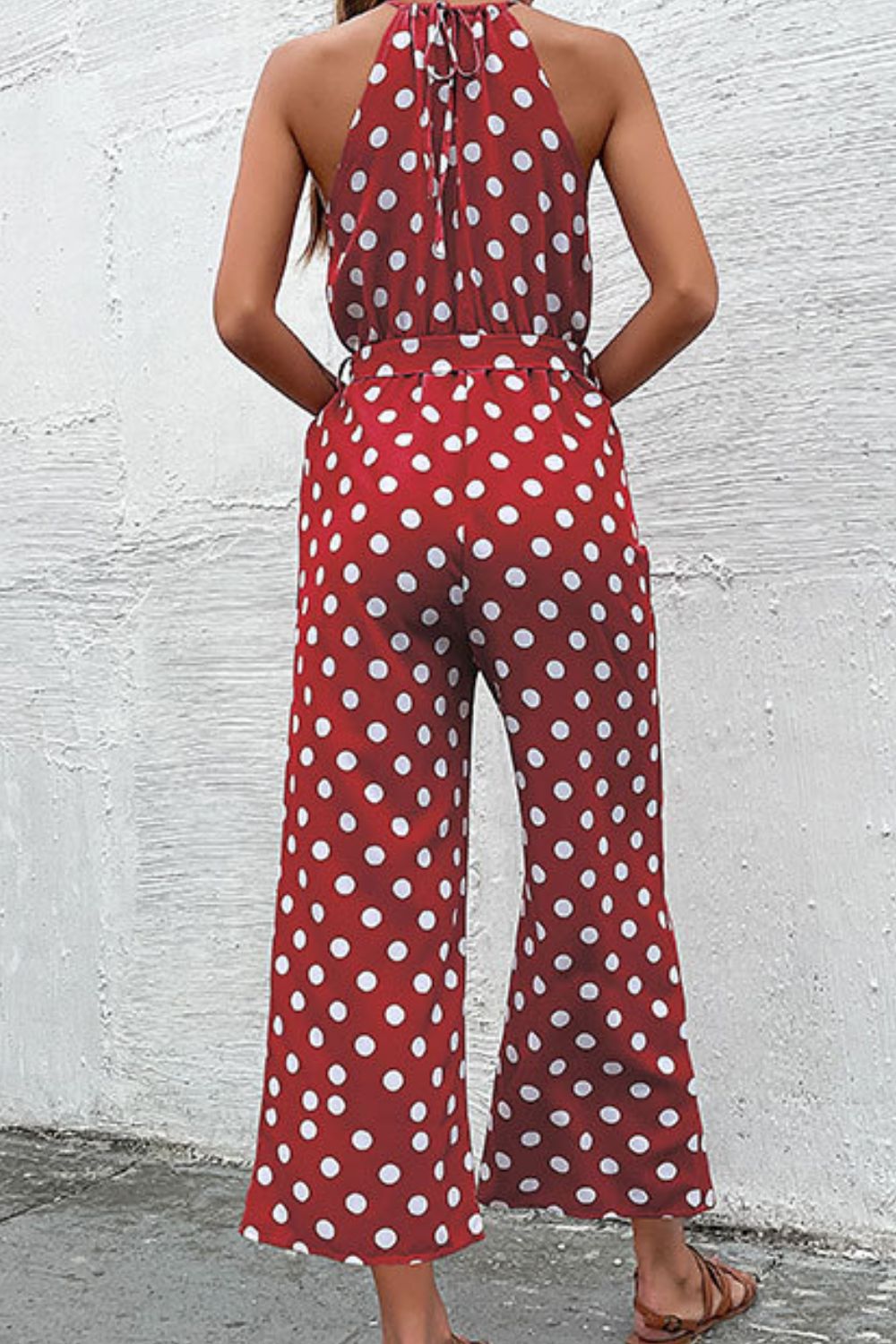 Elegant Perfee Polka Dot Grecian Wide Leg Jumpsuit - adritiX