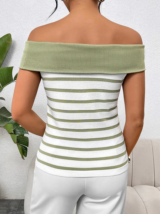 Decorative Button Striped Off-Shoulder Knit Top - adritiX