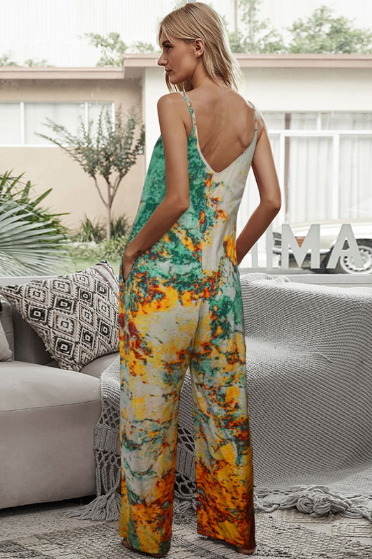 Elegant Shiny Tie-Dye Spaghetti Strap Jumpsuit with Pockets - adritiX