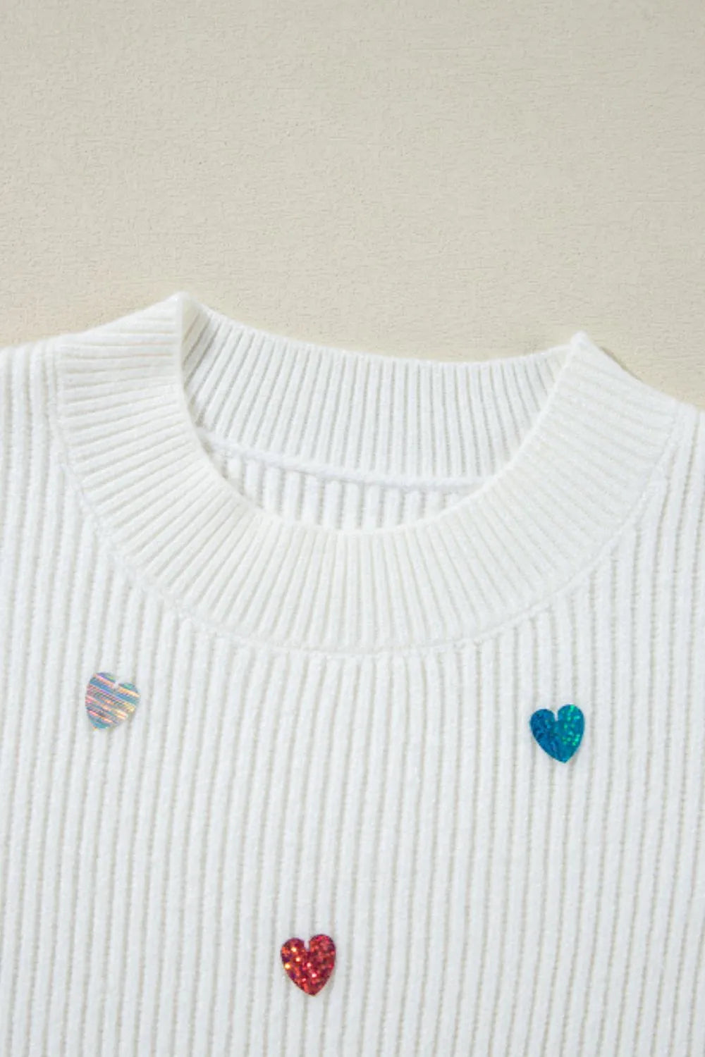 Heart Sequin Round Neck Long Sleeve Sweater - adritiX