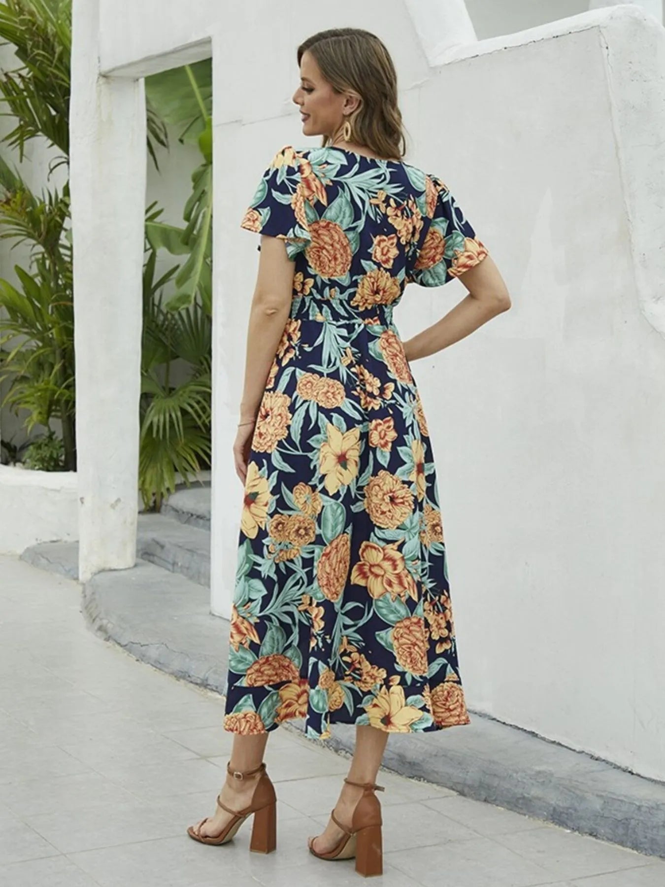 Floral Print Short Sleeve Wrap Midi Dress - adritiX