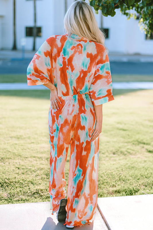 Elegant Tie-Dye Collared Wide Leg Jumpsuit - adritiX