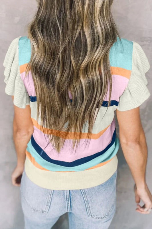 Color Block Round Neck Cap Sleeve Knit Top - adritiX