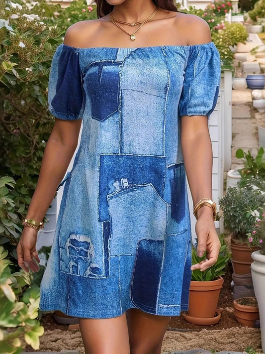 Patchwork Off Shoulder Denim Mini Dress - adritiX