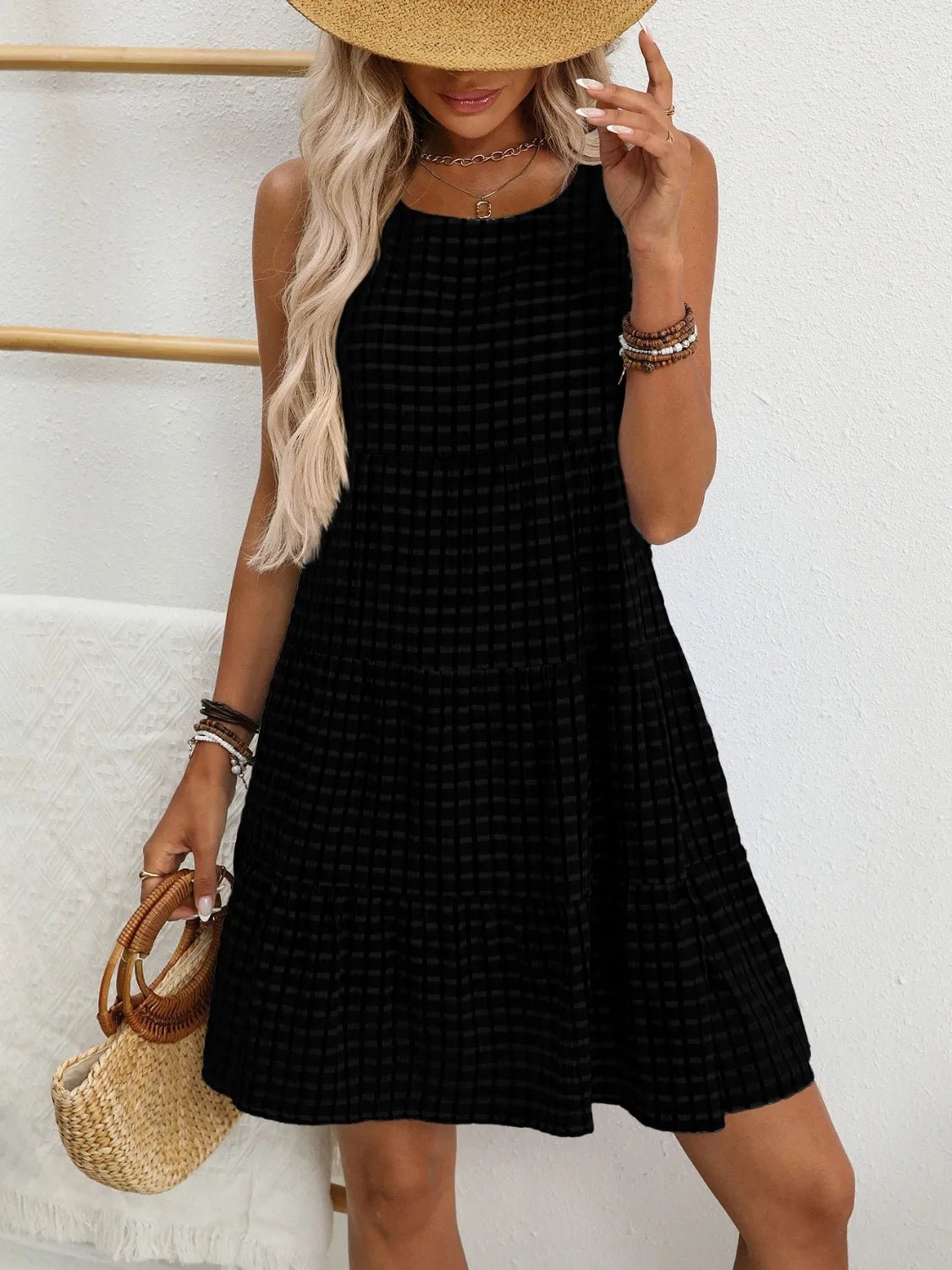 Plaid Round Neck Sleeveless Mini Dress - adritiX
