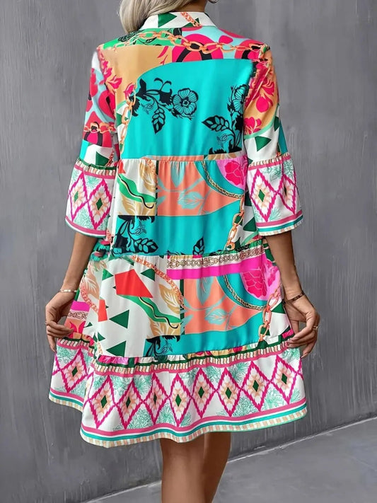Printed Notched 3/4 Sleeve Tiered Dress - adritiX