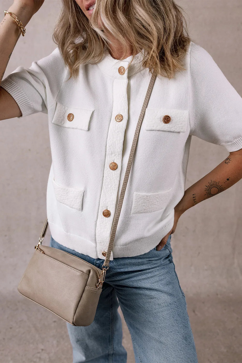 Button Up Round Neck Short Sleeve Knit Top - adritiX