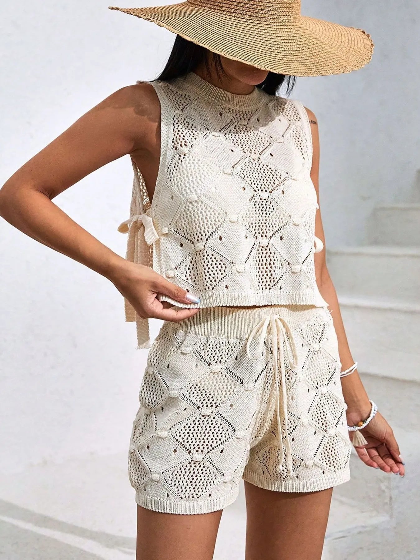 Diamond Pattern Sleeveless Top and Shorts Knit Set - adritiX