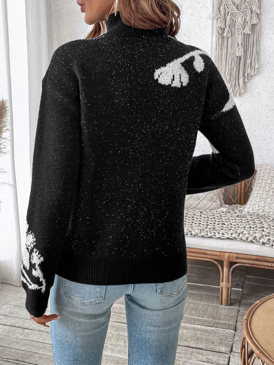 Perfee Flower Mock Neck Long Sleeve Sweater - adritiX