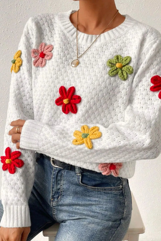 Elegant Crochet Flower Round Neck Long Sleeve Sweater - adritiX
