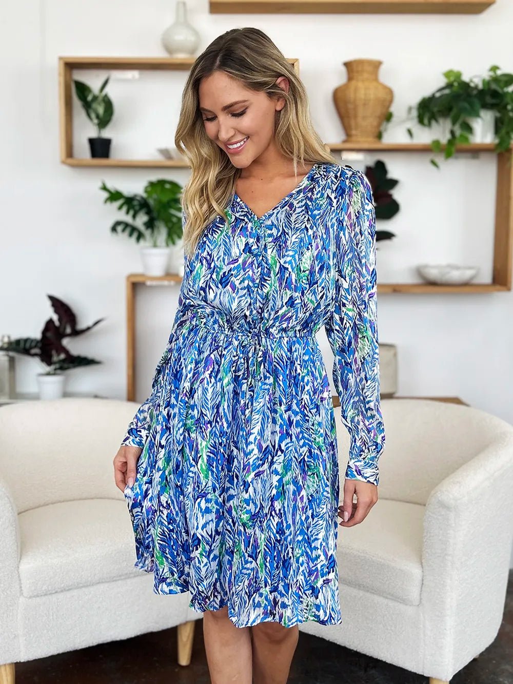 Double Take Full Size Printed Drawstring Waist Long Sleeve Dress - adritiX
