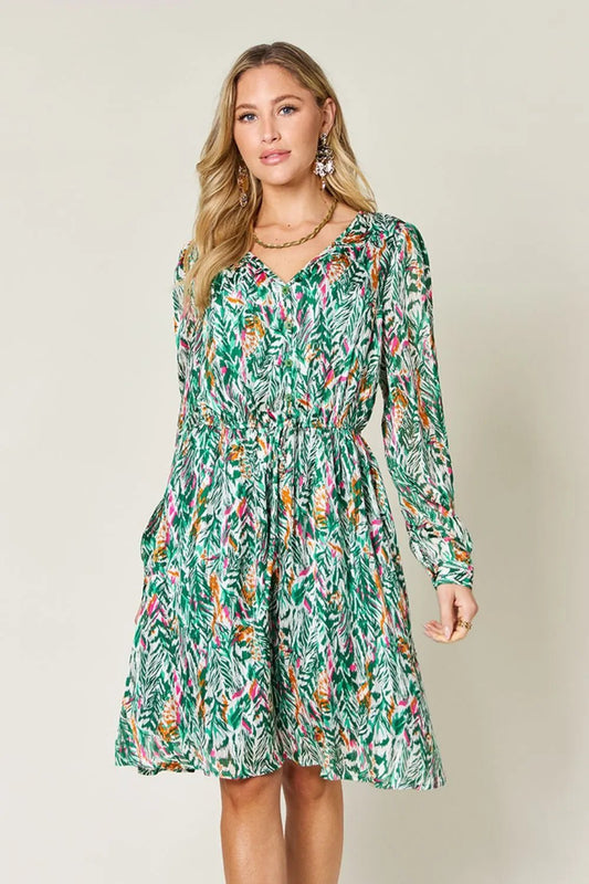 Double Take Full Size Printed Drawstring Waist Long Sleeve Dress - adritiX