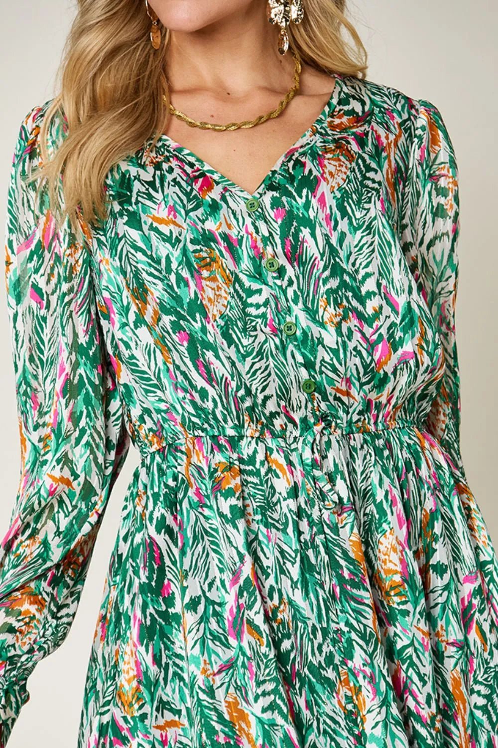 Double Take Full Size Printed Drawstring Waist Long Sleeve Dress - adritiX