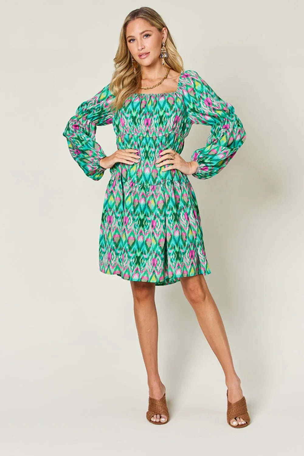 Double Take Full Size Printed Long Sleeve Dress - adritiX