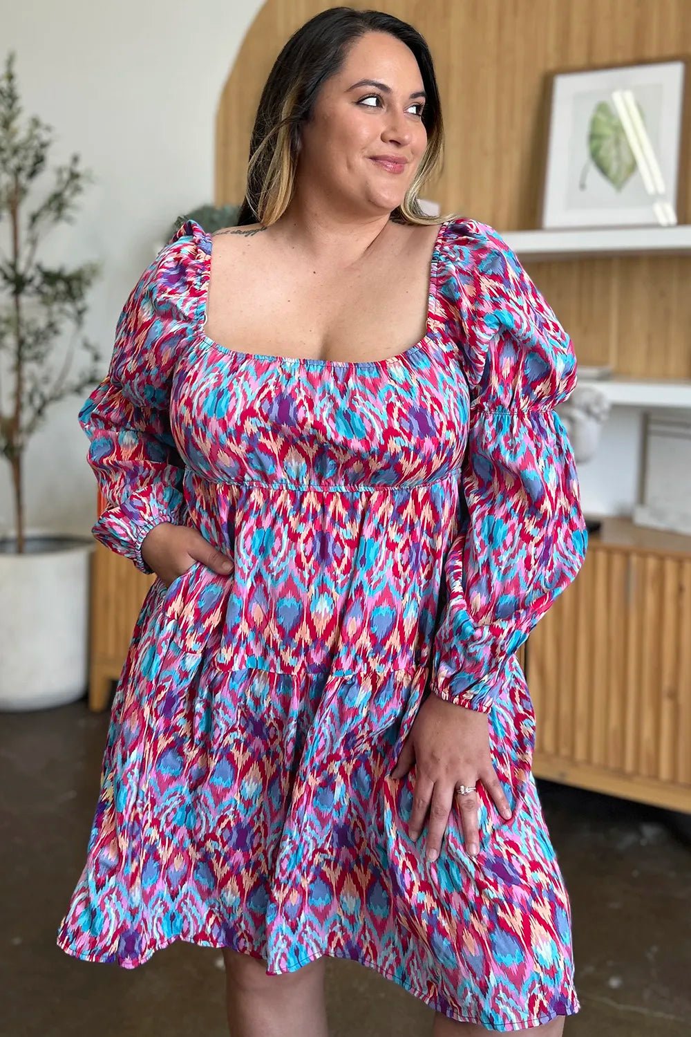 Double Take Full Size Printed Long Sleeve Dress - adritiX